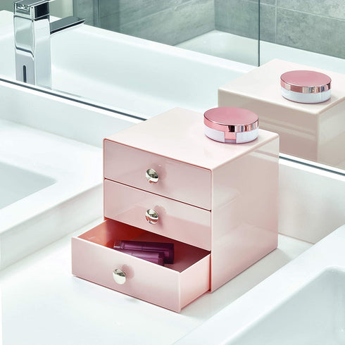 iDesign Plastic 3-Drawer Jewelry Box, Compact Storage Organization Drawers Set for Cosmetics, Dental Supplies, Hair Care, Bathroom, Office, Dorm, Desk, Countertop, 6.5" x 6.5" x 6.5", Pink