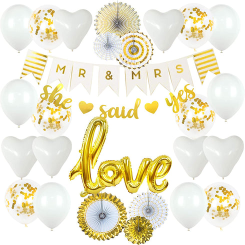 VIDAL CRAFTS Gold Engagement Party Decorations, 6 Pcs Paper Fans, MR&MRS Banner, Love Foil Balloon, Engagement Balloons, She Said Yes Banner, Gold Themed Engagement Party Kit or any kind of engagement party decor