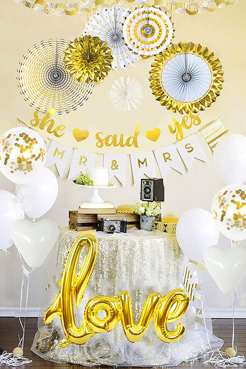 VIDAL CRAFTS Gold Engagement Party Decorations, 6 Pcs Paper Fans, MR&MRS Banner, Love Foil Balloon, Engagement Balloons, She Said Yes Banner, Gold Themed Engagement Party Kit or any kind of engagement party decor