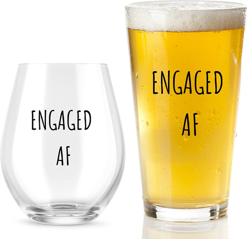 Engaged AF Wine Glass And Beer Glass Set - Funny Mr And Mrs Engagement Or Wedding - Great For Couples, Newlyweds, And Anniversaries