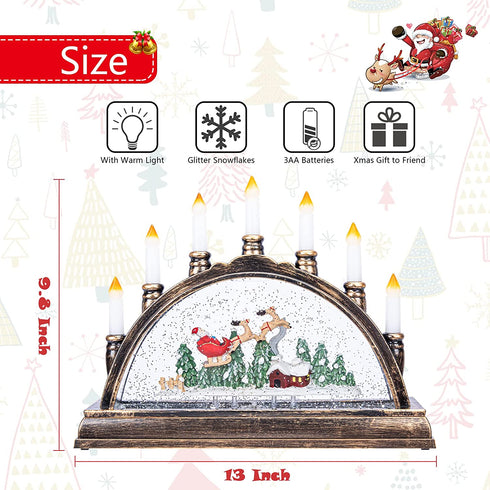 Christmas Snow Globe Lantern Decorations - 10 Inch Lighted Candlestick Lantern Batteries Operated LED Santa Sits in Sleigh Water Glittering for Xmas Home Gift Decor