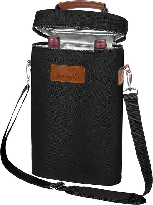 Tirrinia 2 Bottle Wine Tote Carrier - Leakproof & Insulated Padded Versatile Wine Cooler Bag for Travel, BYOB Restaurant, Wine Tasting, Party, Dinner, Great Christmas Day Gift for Wine Lover, Black
