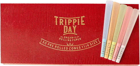 Trippie Day Colorful 1 1/4 Pre rolled cones | 50 Pack | 10 each in Blue, Brown, Green, Pink & White color | Slow burning | 84mm | Packaged for gifting in a Red wooden box
