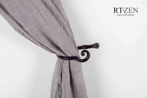 RTZEN Decorative Small Curtain Holdbacks - Set of 2 - Wrought Iron Window Drapery Tiebacks - Handmade Rod Drape Tieback Black Hooks - Rot Metal Drapes Hangers - Unique Hand Craft Décor