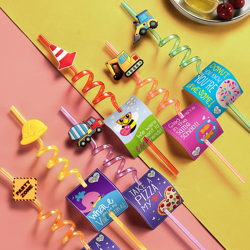 24 Reusable Construction Plastic Straws Excavator Bulldozer Blender Truck for Construction Theme Birthday Party Supplies Gift Favors with 2 Cleaning Brushes