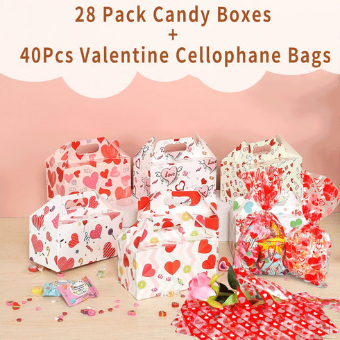 Valentines Treat Boxes Gift Bags - 28 Pack Valentines Candy Bags Goodie Bags for Party Supplies, Valentines Day Party Favors for Kids, 7 Patterns Valentines Bags for Wrapped Gifts Party Decorations