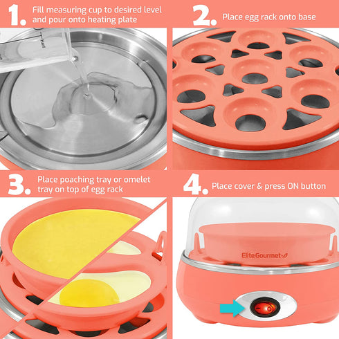 Elite Gourmet EGC007C Rapid Egg Cooker, 7 Easy-To-Peel, Hard, Medium, Soft Boiled Eggs, Poacher, Omelet Maker, Auto Shut-Off, Alarm, 16-Recipe Booklet, BPA-Free, Coral