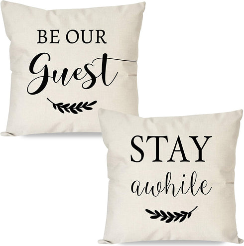 PANDICORN Set of 2 Farmhouse Throw Pillows Covers 18x18 with Quotes Stay Awhile Be Our Guest for Home Décor Living Room Outdoor Porch