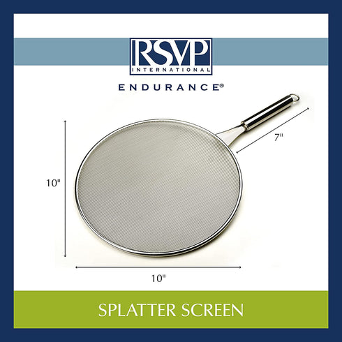 RSVP International Splatter Screen, One Size - Fine Mesh Stainless Steel, 10" in Diameter with 6.25" Handle |Keeps its Shape & Construction Over Time | Dishwasher Safe, 10 Inch, Multi Color