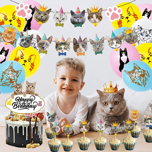 Koyatti Cat Theme Birthday Party Decorations Set,Cat Lover Birthday Party Supplies for Kids Girls,16 MEOW Balloons,Cat Face Banner and 24 Cupcake Toppers,A Big Happy Birthday Caketopper