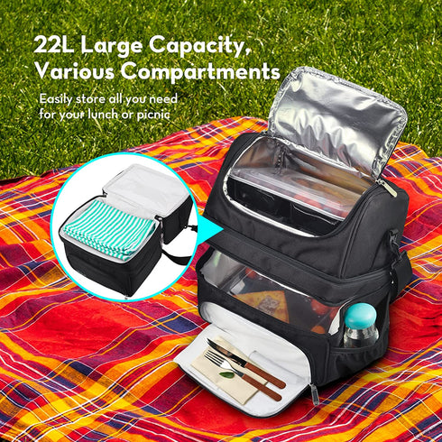 Insulated Lunch Box for Work, 22L/744 oz Reusable Waterproof Cooler Tote Bag for Meal with 3 Compartments, Lunch Bag for Man,Woman,XLarge Lunch Bag for Travel Beach Picnic Camping BBQ Party, Black