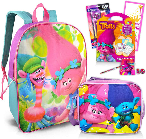 Trolls World Tour School Backpack Set For Girls ~ 5 Pc Bundle With 16 in Poppy Trolls School Bag, Lunch Box, School Supplies Set, Stickers, More Troll Accessories Travel Bag(Trolls school supplies)
