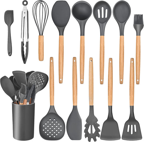 Leonyo 14 PCS Kitchen Cooking Utensils Set with Holder, Silicone Kitchen Gadgets Spatula Set for Nonstick Cookware, Cooking Tools with Tongs, Spoons, Spatulas, Turners, Soup Ladle, Wooden Handle, Grey