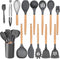 Leonyo 14 PCS Kitchen Cooking Utensils Set with Holder, Silicone Kitchen Gadgets Spatula Set for Nonstick Cookware, Cooking Tools with Tongs, Spoons, Spatulas, Turners, Soup Ladle, Wooden Handle, Grey