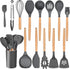 Leonyo 14 PCS Kitchen Cooking Utensils Set with Holder, Silicone Kitchen Gadgets Spatula Set for Nonstick Cookware, Cooking Tools with Tongs, Spoons, Spatulas, Turners, Soup Ladle, Wooden Handle, Grey