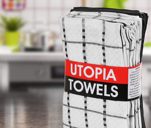 Utopia Towels Kitchen Towels, Pack of 12, 15 x 25 Inches, 100% Ring Spun Cotton Super Soft and Absorbent Black Dish Towels, Tea Towels and Bar Towels