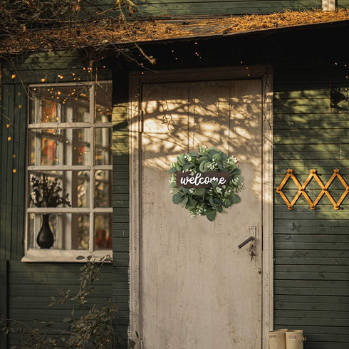 KESYOO Welcome Sign Artificial Eucalyptus Wreath Rustic Front Door Sign for Farmhouse Porch Front Door Decorations