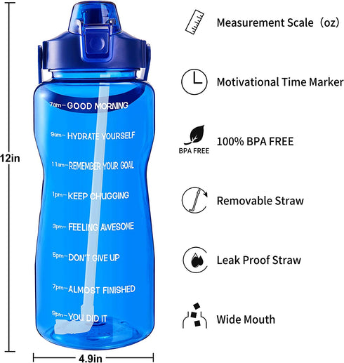 EYQ Half Gallon/64 oz Water Bottle with Time Marker, Carry Strap and Motivational Quote, Leak-Proof Tritan BPA-Free, Ensure You Drink Enough Water for Fitness, Gym, Camp, Outdoor Sports (Clear Blue)