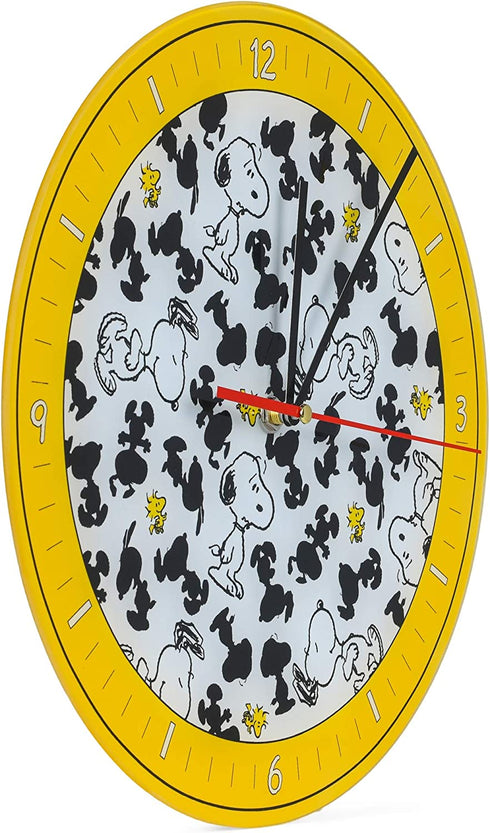 Mark Feldstein & Associates Peanuts Snoopy & Woodstock 12in Round Wall Clock | Yellow, Glass Clock