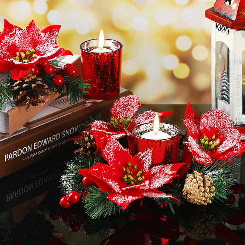 2 Pcs 10 Inch Christmas Poinsettia Candle Holder Centerpiece Red Poinsettia Christmas Candle Rings with 2 Pcs Christmas Candle Holders Glass for Home Party Christmas Table Mantel Decorations(Red)