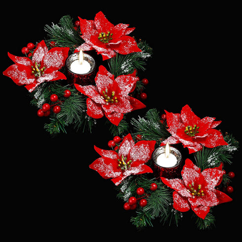 2 Pcs 10 Inch Christmas Poinsettia Candle Holder Centerpiece Red Poinsettia Christmas Candle Rings with 2 Pcs Christmas Candle Holders Glass for Home Party Christmas Table Mantel Decorations(Red)