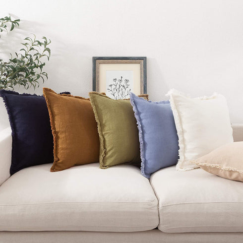 ATLINIA Linen Pillow Cover with Fringes Soft Solid Cushion Cover 20 x 20 Decorative Throw Pillow Cover for Couch Sofa Bed and Outdoor Navy Blue Pillow Cover