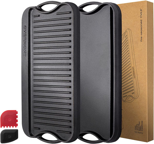Overmont Pre-seasoned 17x9.8" Cast Iron Reversible Griddle Grill Pan with handles for Gas Stovetop Open Fire Oven, One tray, Scrapers Included