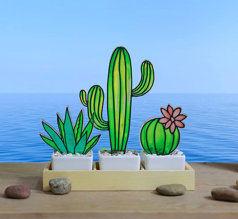 Suncatcher Stained Glass Style Cactus Plants Agave, Barrel, and Saguaro Cactus Ornamental Houseplant Decorations Handmade Succulent Plant Ornaments for Windowsill Balcony Kitchen Patio (Style 1)