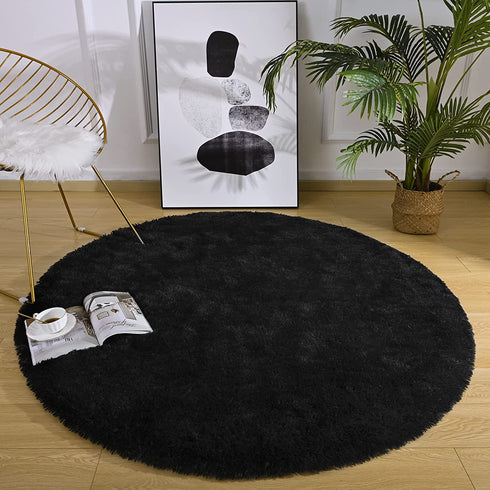 Chicrug Fluffy Round Area Rugs for Girls Bedroom, 4x4 Feet Shaggy Circle Area Rug for Living Room, Soft Fuzzy Carpets for Princess Room, Cute Rug Kids Circular Playmats for Baby Nursery Home, Black