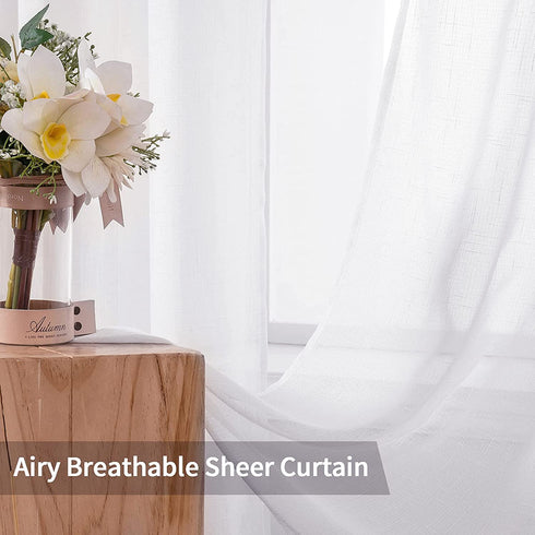 MIULEE 2 Panels Natural Linen Sheer Window Curtains Elegant Solid White Drapes Grommet Top Window Voile Panels Linen Textured Panels for Bedroom Living Room (52X90 Inch)