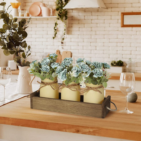 Floral Arrangements Artificial Centerpieces, Table Centerpieces for Dining Room, Mason Jar Decorative Wood Tray with Fake Rose Bouquet Flowers Farmhouse Decor for Living Room Kitchen Table - Aqua