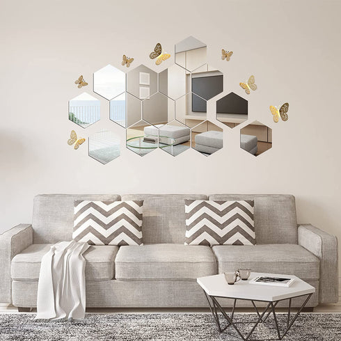 30pcs Removable Large Size Acrylic Hexagon Mirror Wall Stickers,Self-Adhesive Tiles, 3D Hexagonal, Non-Glass, add 3D gold Butterfly Stickers Decals 12pc for Home Bedroom Living Room reunion Decor(6.88 x 6.02 x 3.54 inchs?