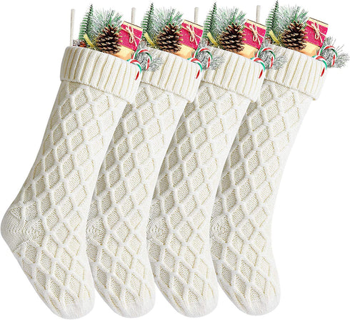 Kunyida Pack 4,18" Unique Ivory Cream Knit Christmas Stockings for Holiday Decor