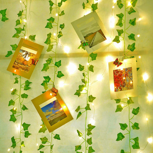 Naidiler 12 Pcs Artificial Ivy Garland Fake Vines with 32 Ft Lights String (100 LED) Decor Faux Green Hanging Plant Greenery for Wall Party Wedding Room Home Kitchen Indoor & Outdoor Decoration