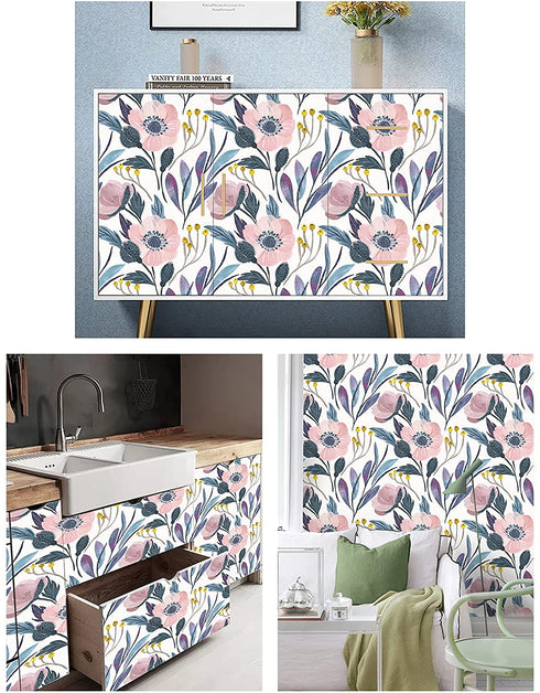 HaokHome 93019 Floral Peel and Stick Wallpaper Removable Pink/Blue/Yellow Vinyl Self Adhesive Shelf Liner 17.7in x 9.8ft