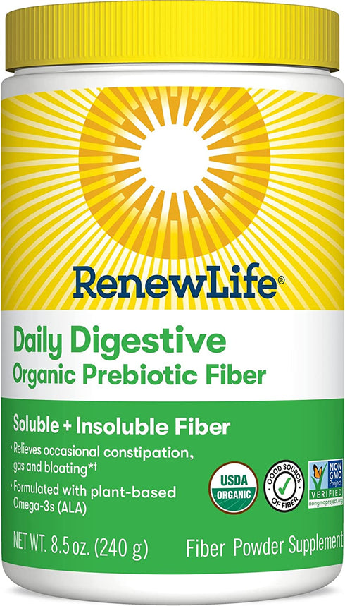 Renew Life Adult Daily Digestive Organic Prebiotic Fiber, Plant-Based Omega-3, Soluble & Insoluble Fiber Powder, Helps Reduce Constipation, Gas, & Bloating, 8.5 Oz