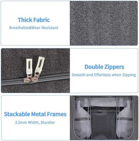 Foldable Clothes Storage Bins 2 Pack,Stackable Metal Frame Closet Storage Box, Oxford Fabric Container Organizer with Clear Windows&Sturdy Carry Handles for Bedding,Clothing(22L,Grey)