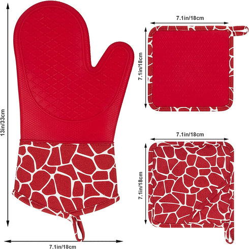 Bobalaly Silicone Oven Mitts and Pot Holders Set 500 F Heat Resistant Oven Gloves Flexible for Kitchen Cooking Baking Grilling Microwave with Quilted Liner BPA Free Non-Slip (Red)
