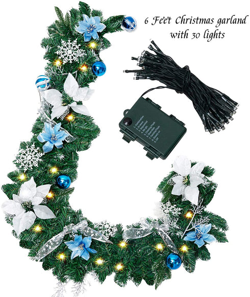 FUNARTY 6 Feet Christmas Garland with 30 Lights, Battery Operated Lighted Garland, Artificial Prelit Christmas Garlands with Blue and Silver Ornaments for Mantle Xmas Holiday Fireplace Decoration