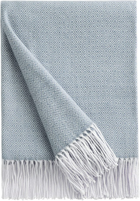 Bourina Decorative Diamond Lattice Faux Cashmere Fringe Throw Blanket Lightweight Soft Cozy for Bed or Sofa Farmhouse Outdoor Throw Blankets, 50" x 60",Light Blue
