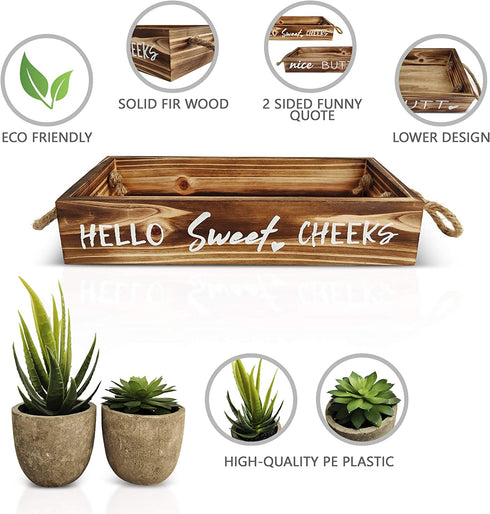 Nice Butt Bathroom Decor Box & Artificial Plants (Bundle): 2 Funny Sayings, Hello Sweet Cheeks Bathroom Box, Bathroom Organizer, Toilet Paper Holder, Farmhouse Decor, 2 Plants Included, Brown
