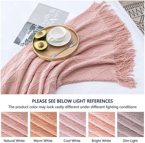 LUCIAN Knitted Throw Blankets Pink, Decorative Textured Cozy Throw, Lightweight Woven Blanket with Tassels for Couch, Bed, Sofa,Travel 50"*60",Suitable for Women Men and Kids