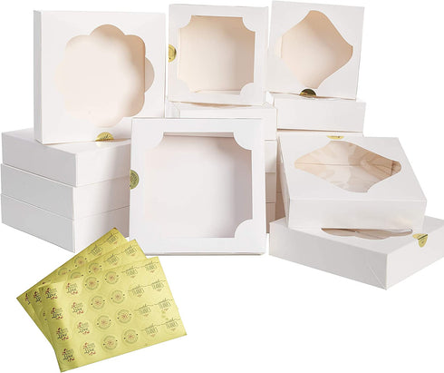 24 Pcs White Paper Baking Boxes with Stickers, Christmas Cookie Pie Box, Holiday Pastry Boxes in 2 Sizes 10X10X2.5 inch and 8X8X2.5 inch, Valentine's Day Wedding Party Favor Supplies