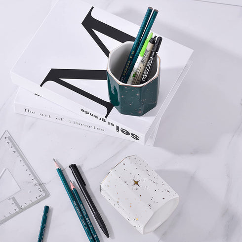 Ceramic Pen Holder StandDurable Ceramic Pencil Cup Decor Organizer to Hold Makeup Brushes, Eyebrow Pencils,Combs, Pens,Pencils and so on. Phnom Penh Modern Storage Ideal Gift for Office Home (White)