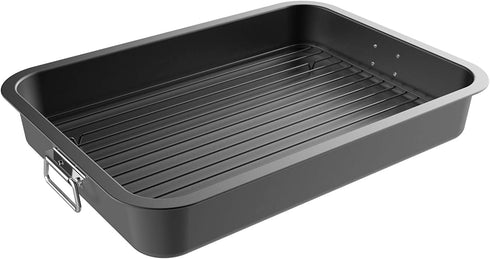 Roasting Pan with Flat Rack-Nonstick Oven Roaster and Removable Tray-Drain Fat and Grease for Healthier Cooking-Kitchen Cookware by Classic Cuisine, Black, 16.5 inch