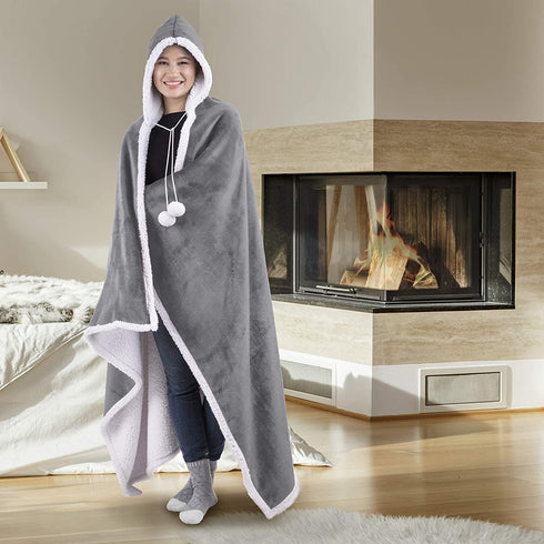 Safdie & Co. 65914.ECZ.74 Premium Wearable Hooded Adult Women and Men 71"x51"-Super Soft, Lightweight, Microplush, Cozy and Functional Throw Blanket (Silver), 52 in x 72