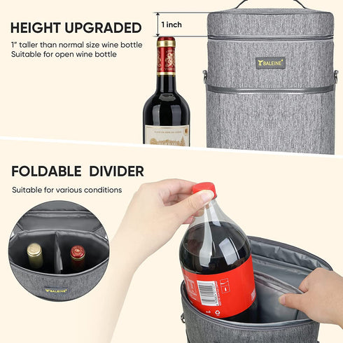 BALEINE 2 Bottle Wine Carrier - Insulated & Leakproof Wine Cooler Bag with Shoulder Strap for Picnic, Travel, BYOB Restaurant, Wine Gifts for Women (Ash Grey, 2 Bottle)