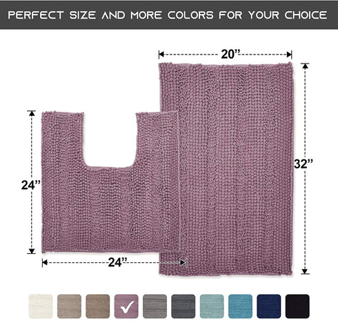 NICETOWN Bath Rugs Ultra Thick and Soft Texture Chenille Plush Striped Floor Mats Bath Rug with Non-Slip Backing Microfiber Hand Tufted Door Mat for Entryway (Mauve, Pack 2-20" x 32"/24" x 24" U)
