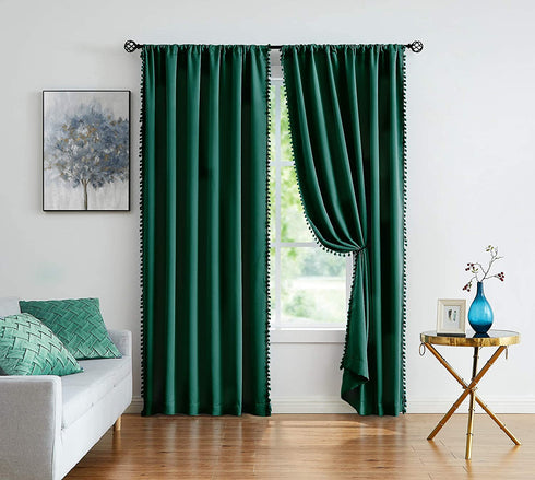 Pompom Green Full Blackout Curtains for Bedroom Living Room 63 inch Thermal Insulated Window Curtain Panels for Chrismas Décor 50" w x2 Panels Rod Pocket