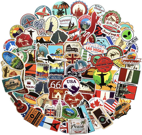 100PCS World Travel Maps Airplane Air and Famous Buildings Signs Stickers Waterproof Laptop Stickers Car Bicycle Suitcase Computer Water Bottle Mobile Phone Stickers Decals (Travel Maps 100)